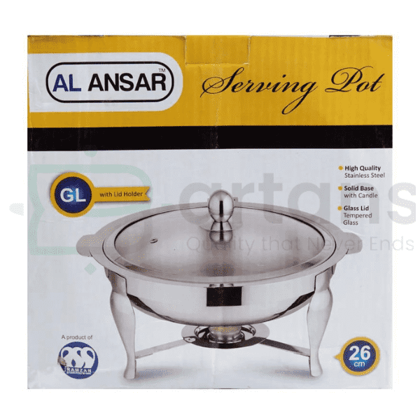 Al-Ansar Stainless Steel Food Warming 26CM Serving Chafing Dishes with Tea Light Candles & Glass Lids.