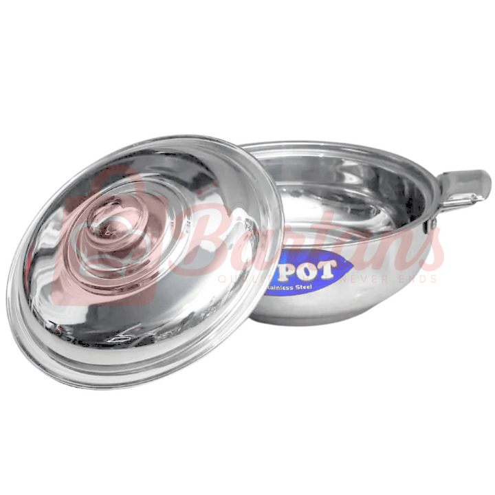 Stainless steel pot with lid on a white background