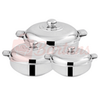 Set of three silver cookware pots with lids on a white background