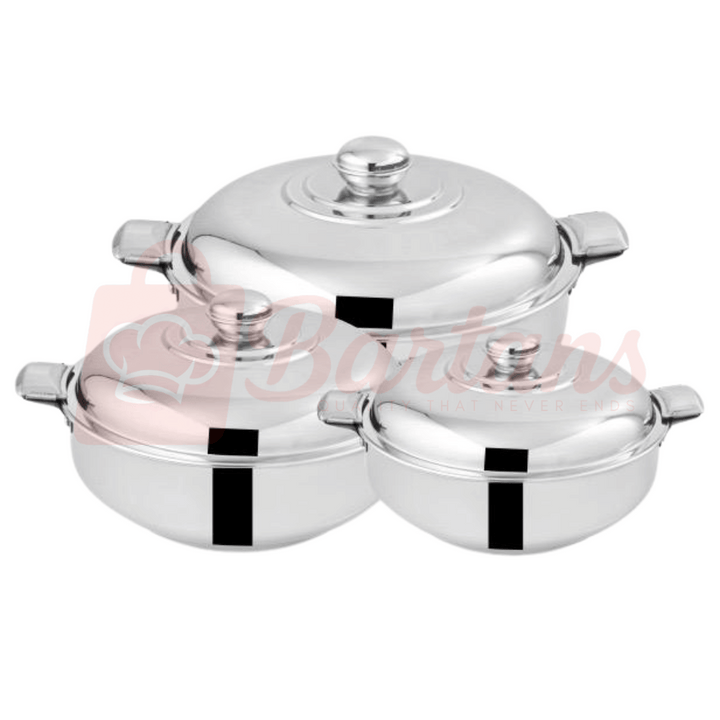 Set of three silver cookware pots with lids on a white background