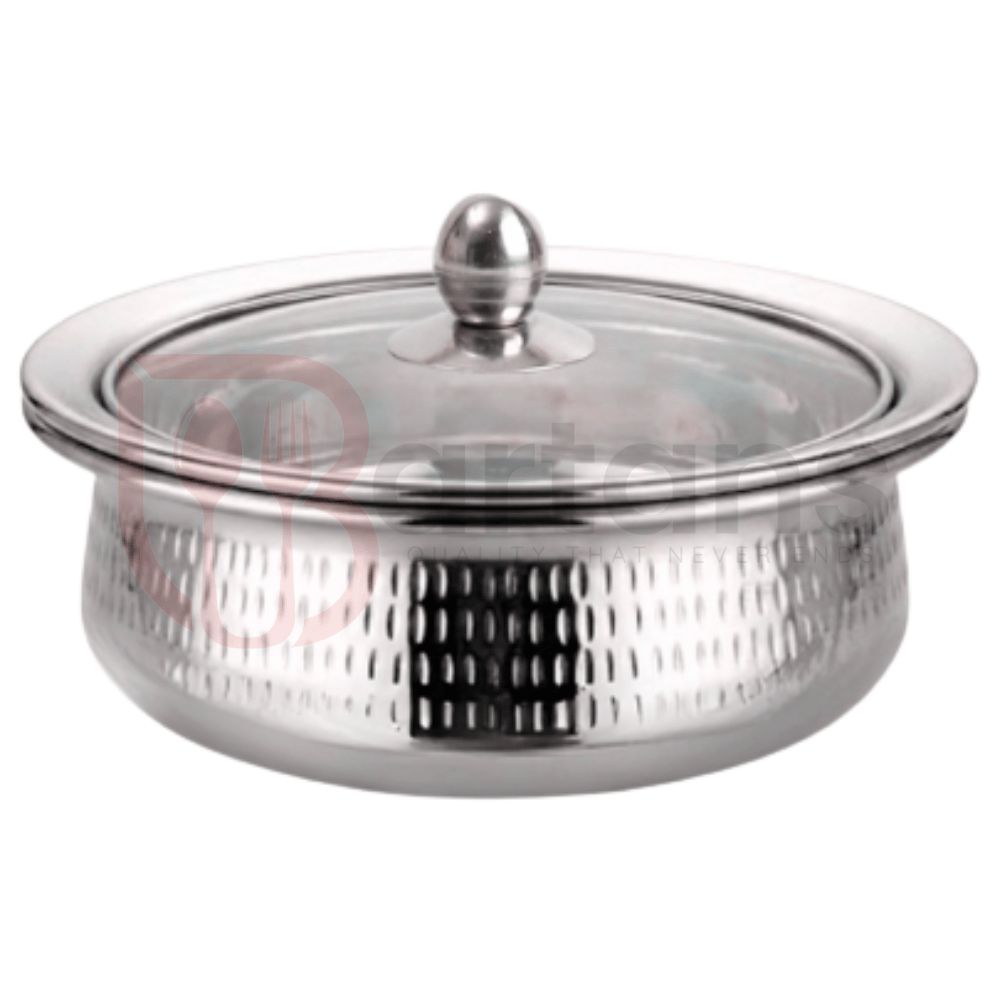 Stainless Steel Premium Quality Hammered Serving Handi with Glass Lids 01