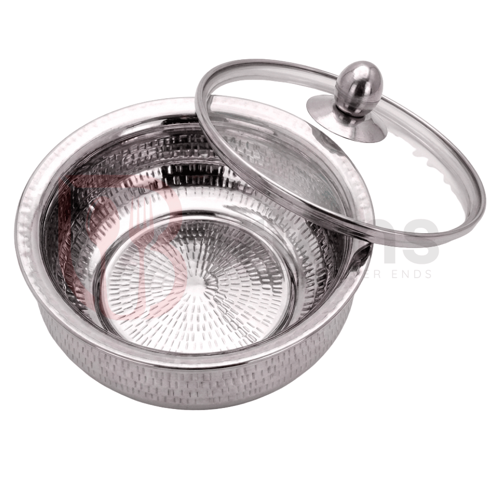 Stainless Steel Premium Quality Hammered Serving Handi with Glass Lids 02