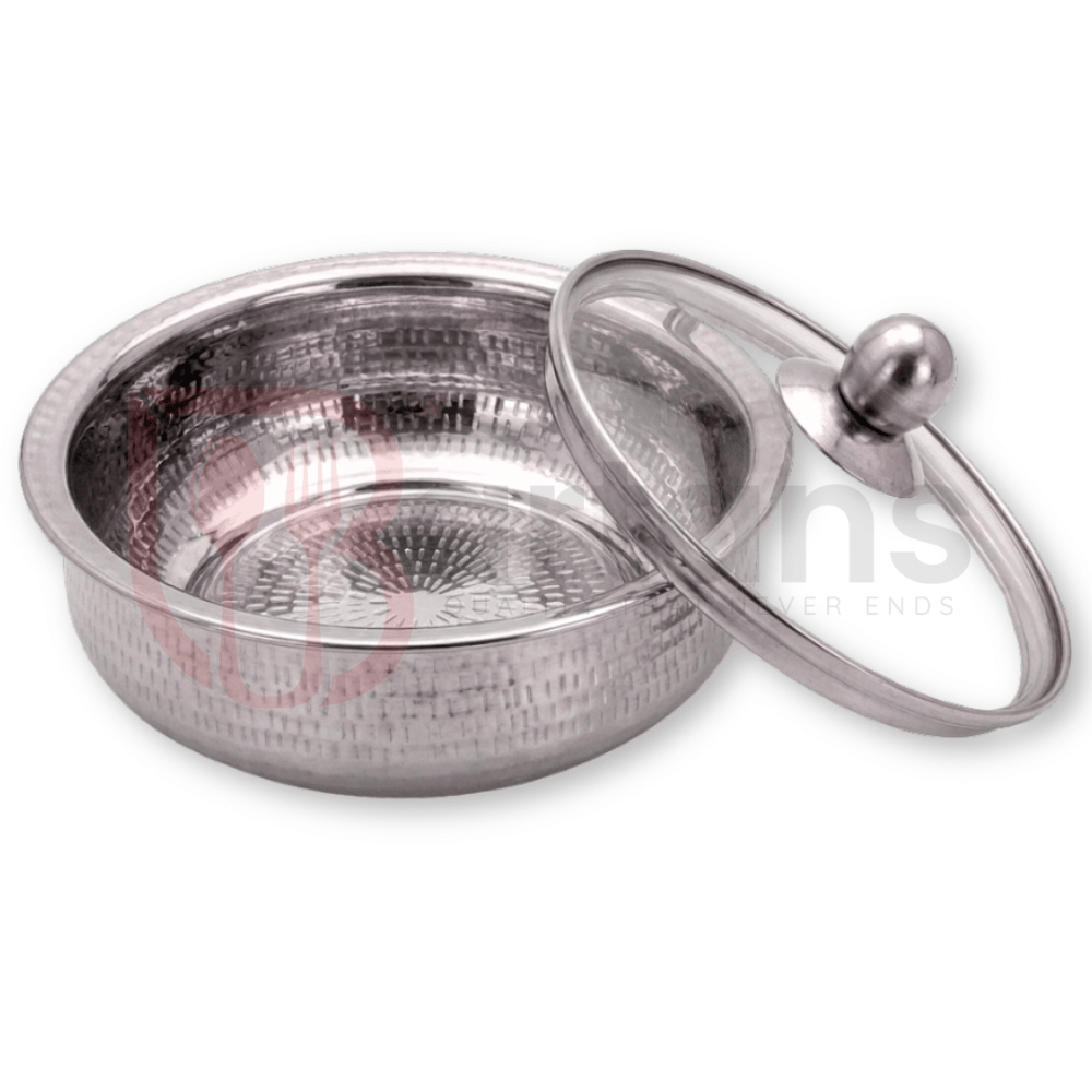 Stainless Steel Premium Quality Hammered Serving Handi with Glass Lids 05