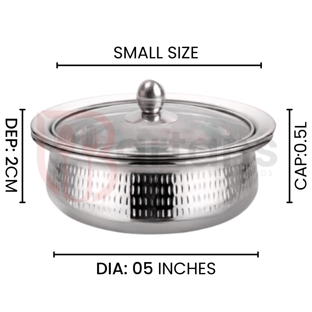 Stainless Steel Premium Quality Hammered Serving Handi with Glass Lids 06