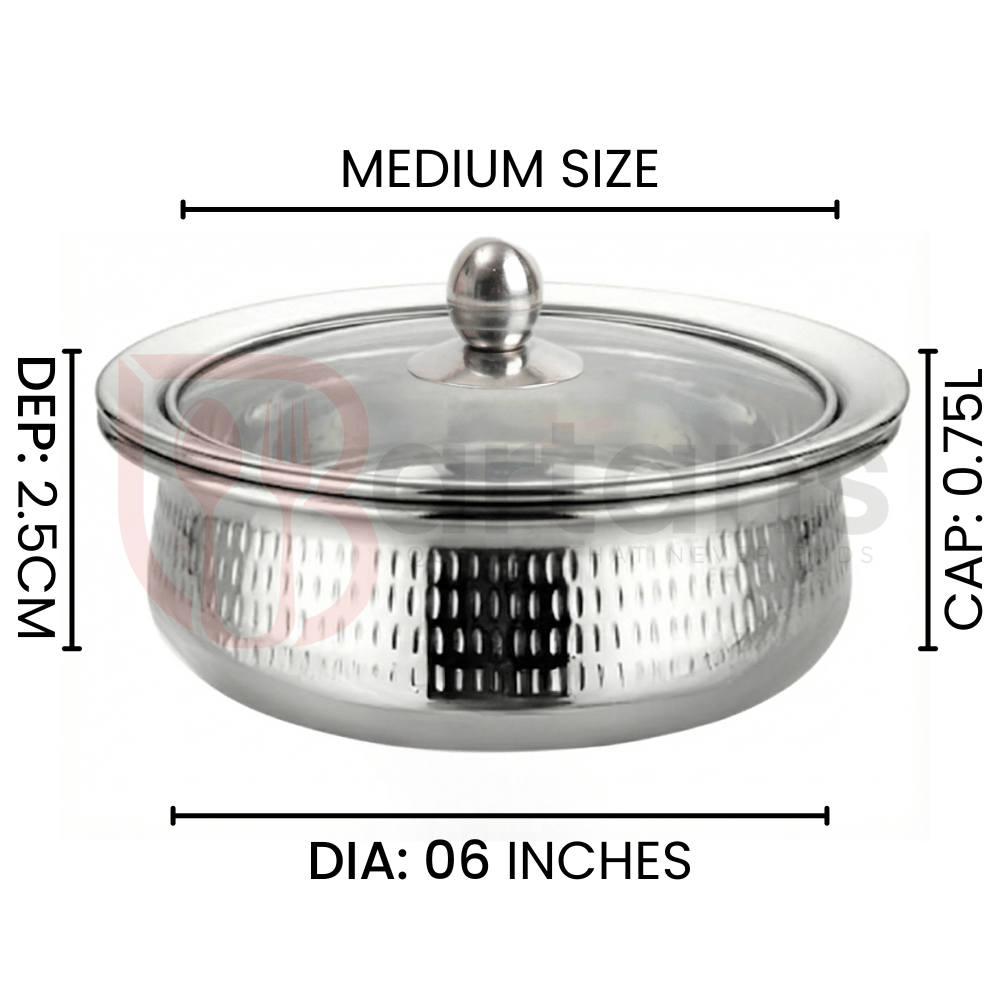 Stainless Steel Premium Quality Hammered Serving Handi with Glass Lids 07