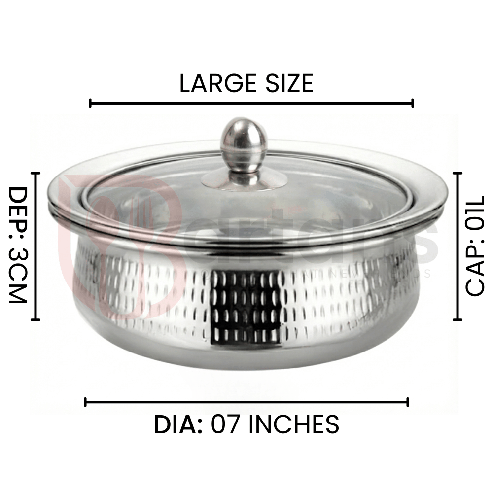 Stainless Steel Premium Quality Hammered Serving Handi with Glass Lids 08