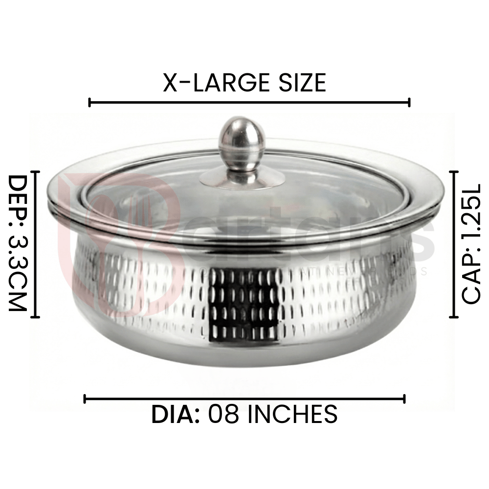 Stainless Steel Premium Quality Hammered Serving Handi with Glass Lids 09