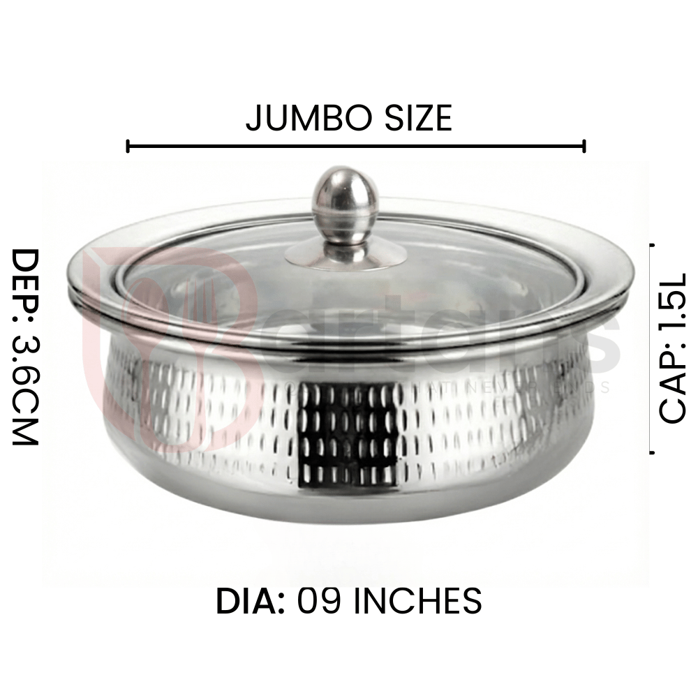 Stainless Steel Premium Quality Hammered Serving Handi with Glass Lids 10