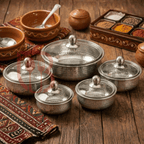 Stainless Steel Premium Quality Hammered Serving Handi with Glass Lids 12