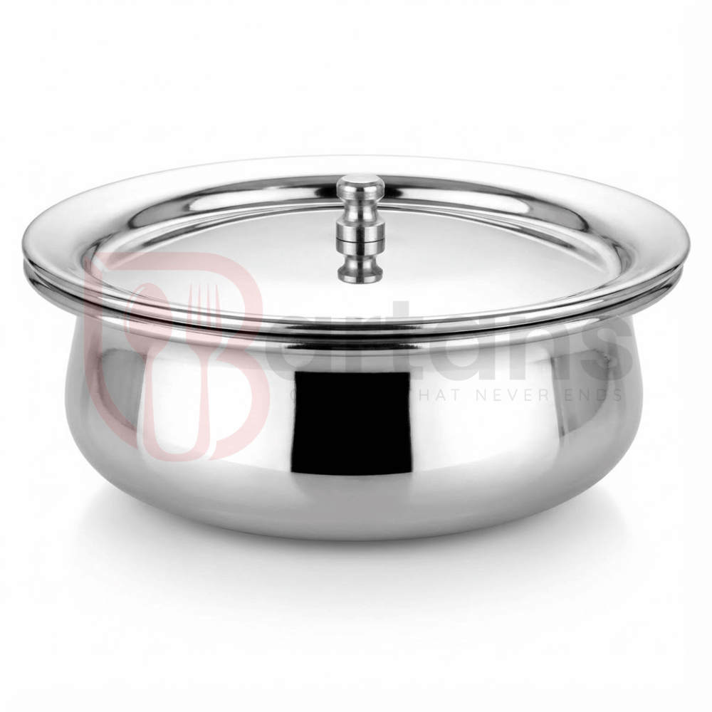Stainless steel bowl with lid on a white background