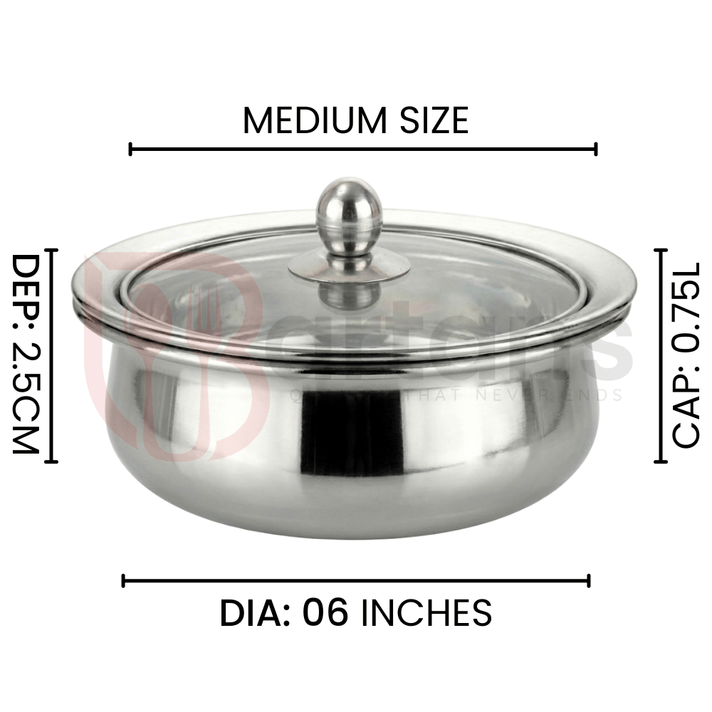 Stainless Steel Premium Quality Serving Handi with Glass Lids
