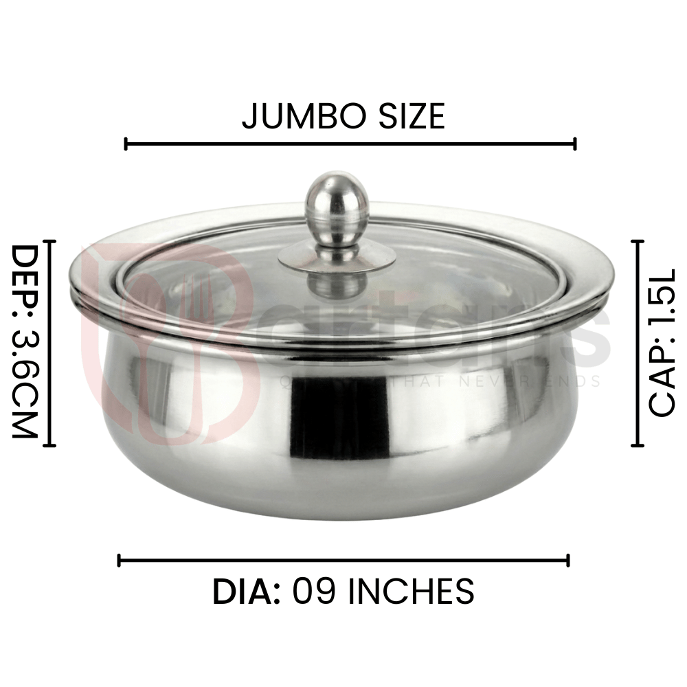 Stainless Steel Premium Quality Serving Handi with Glass Lids