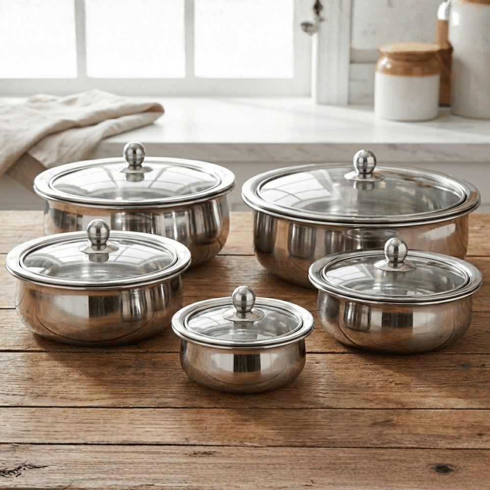 Stainless Steel Premium Quality Serving Handi with Glass Lids