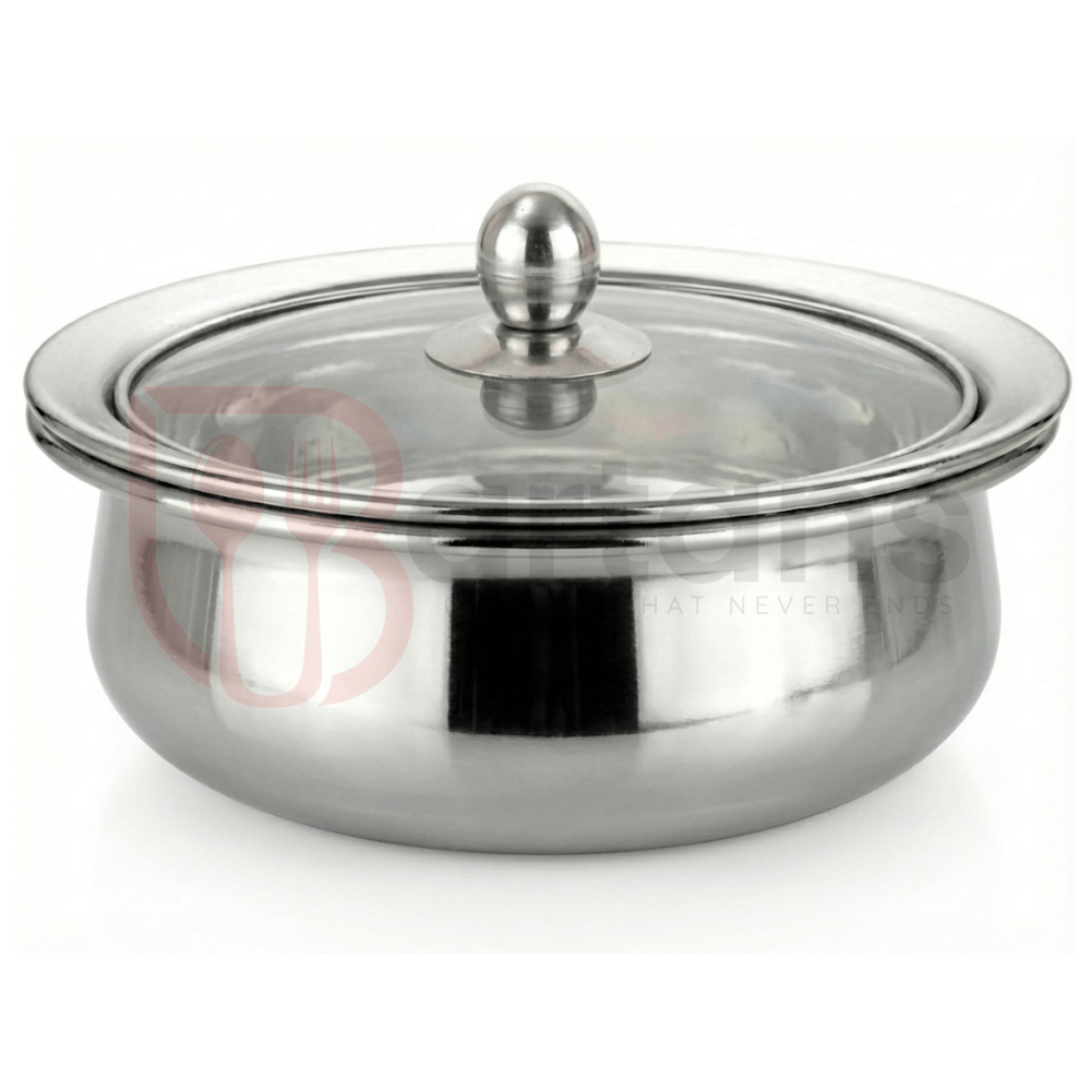 Stainless steel pot with a clear glass lid on a white background