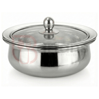 Stainless steel pot with a clear glass lid on a white background