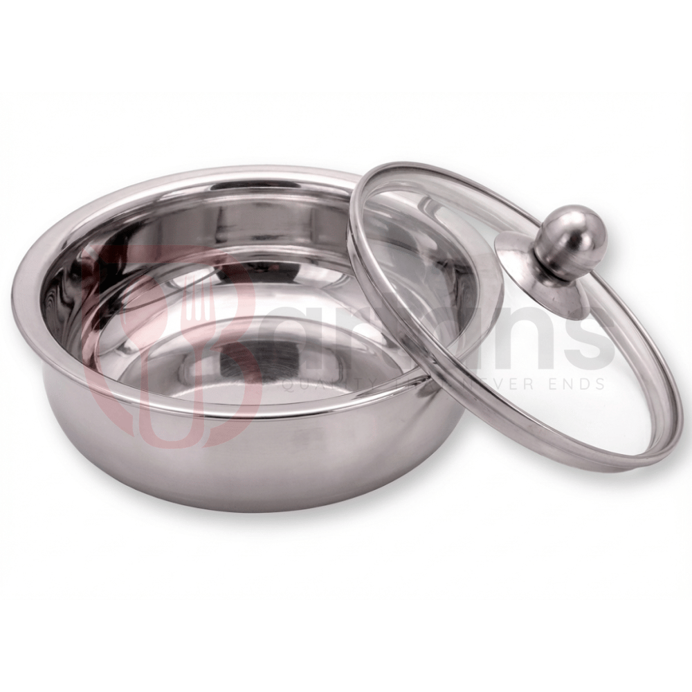 Stainless steel bowl with lid on a white background
